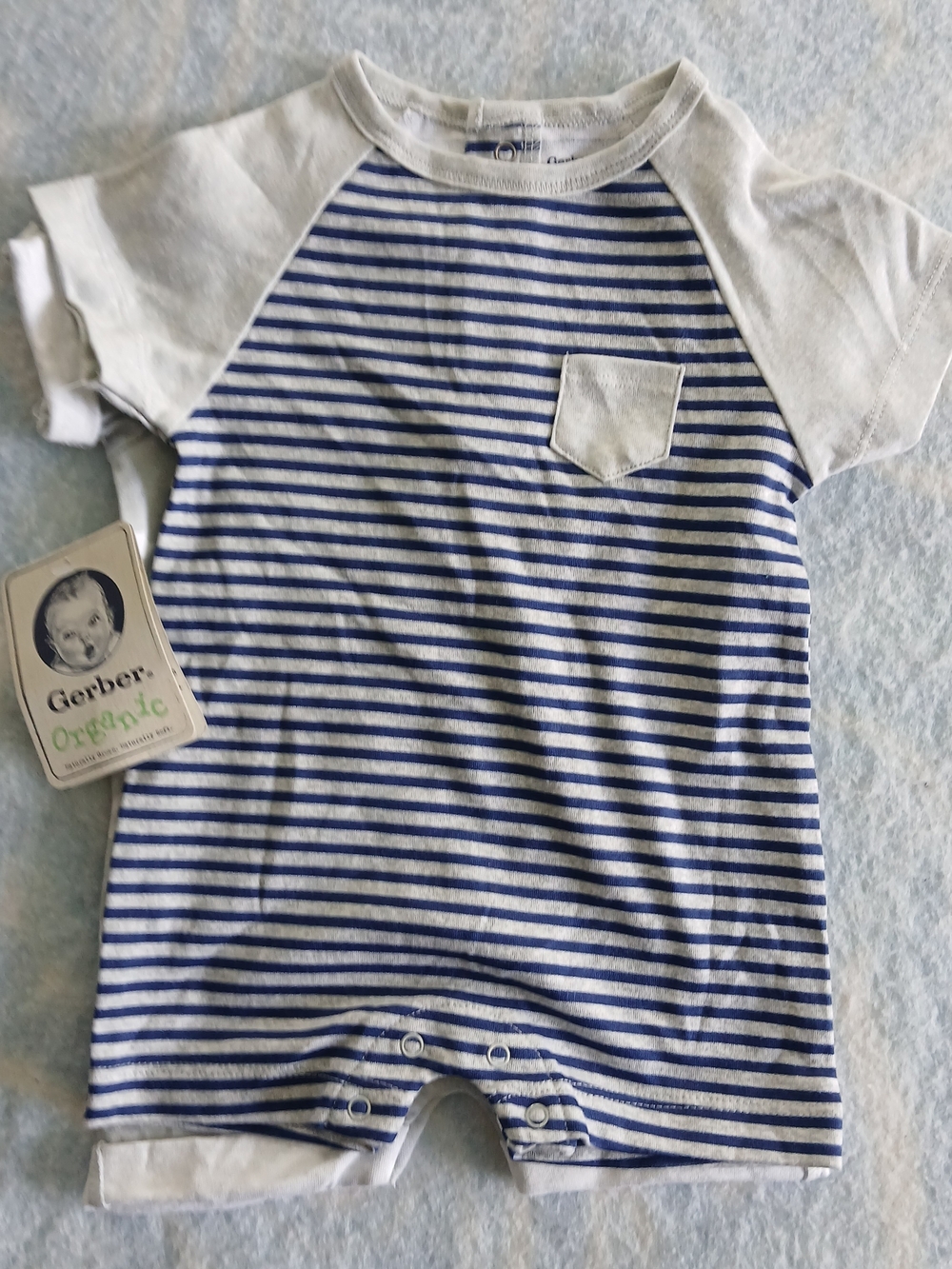 NWT Gerber Organic Blue Gray Striped Gray Dino Infant Baby Romper SZ 0-3 Month